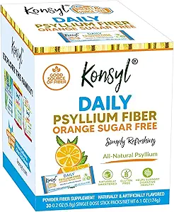 Konsyl Daily Fiber Orange 100% natürliches Psyllium Husk Pulver - Zuckerfrei und Glutenfrei - 30 Individuelle Stickpacks