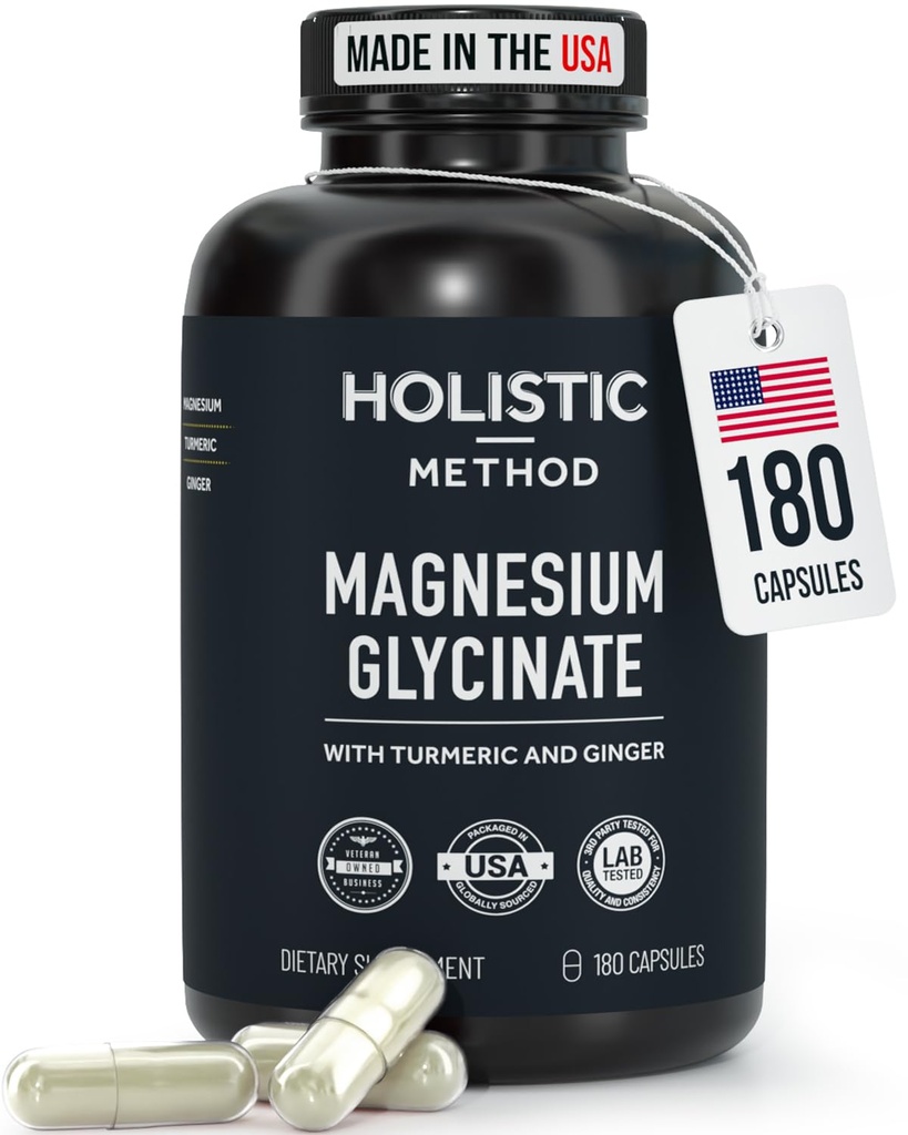 Magnesium Glycinate Capsules with Organic Turmeric and Ginger - 180 Vegan Capsules for Sleep, Relaxation, Muscle Cramps and Immune Support