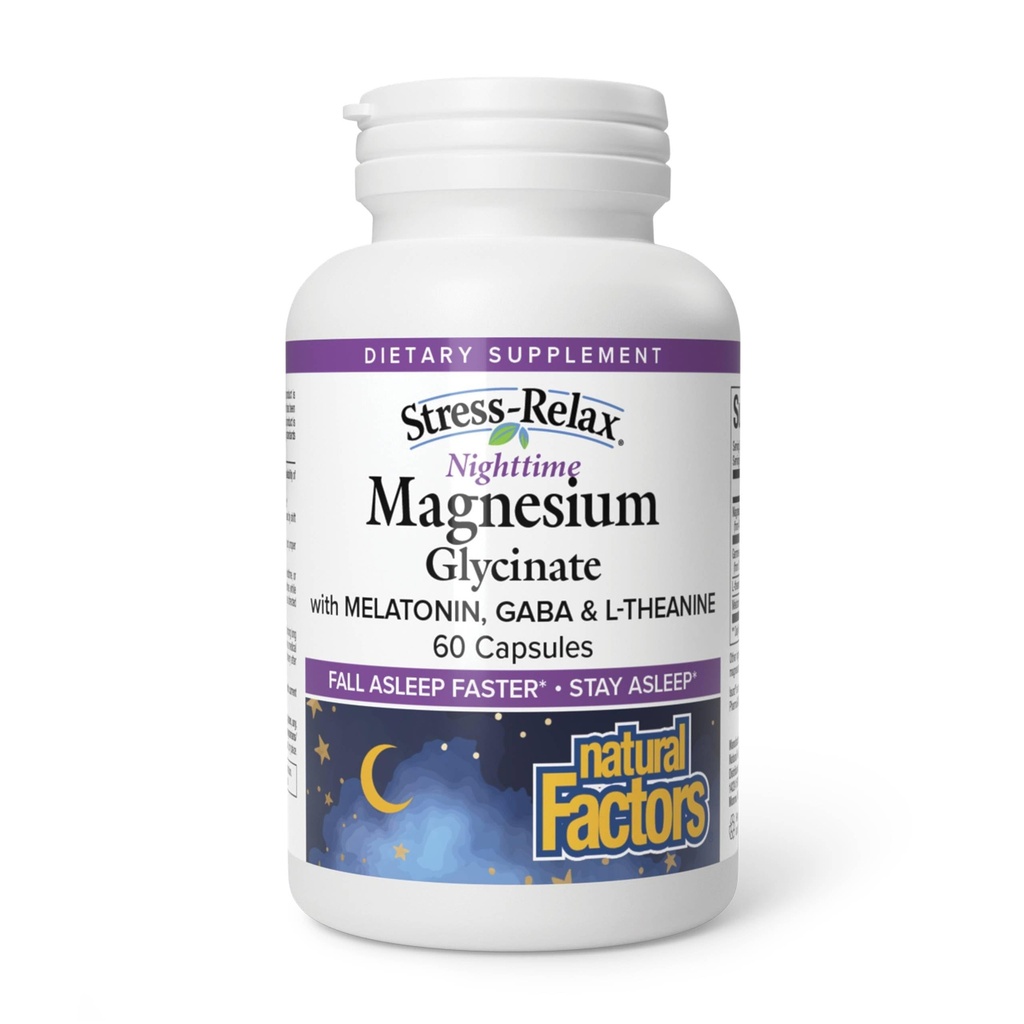 Natural Factors Stress-Relax Nighttime Magnesium Glycinate - Well-Absorbed Magnesium with L-Theanine, Melatonin & PharmaGABA for Restful Sleep & Nervous System Support - 60 Capsules (30 Servings)