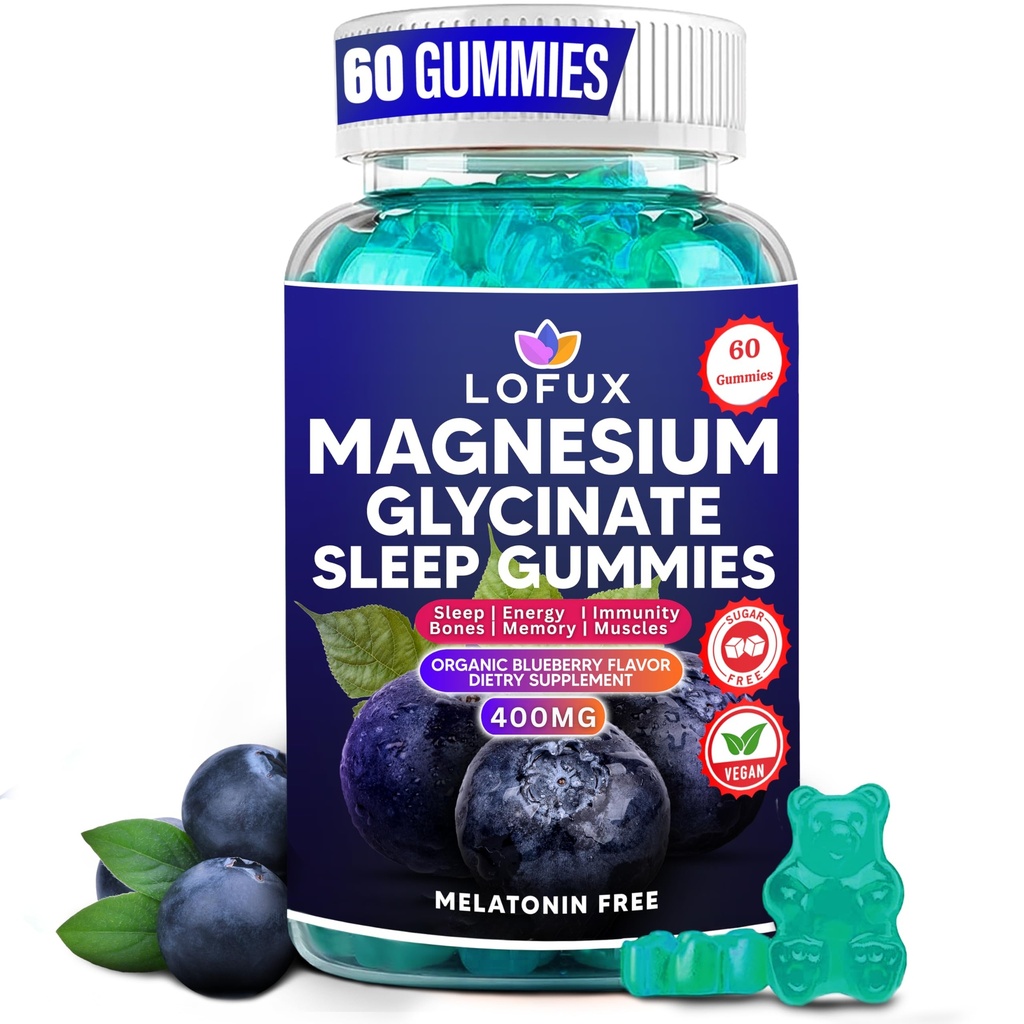 Lofux Magnesium Glycinate Gummies 400mg, Sugar Free Magnesium Gummies for Adults Women, Men, Chewable Supplement Gummy with L-Threonate, Vitamin D, B6, CoQ10 - for Calm, Sleep, Body Relaxation, 60 Ct