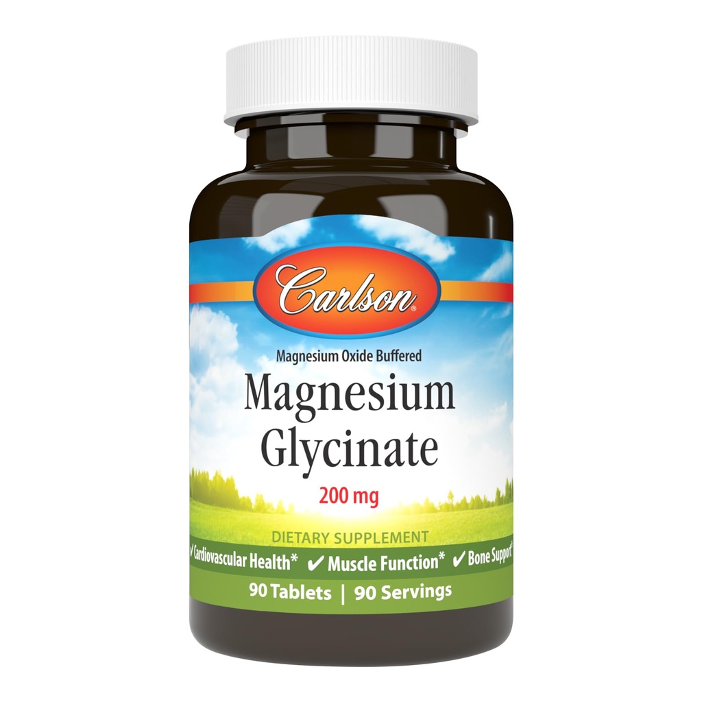 Carlson Buffered Magnesium Glycinate 200 mg, High Absorption Magnesium Supplement, Supports Relaxation, Sleep & Muscle Function, 90 Tablets
