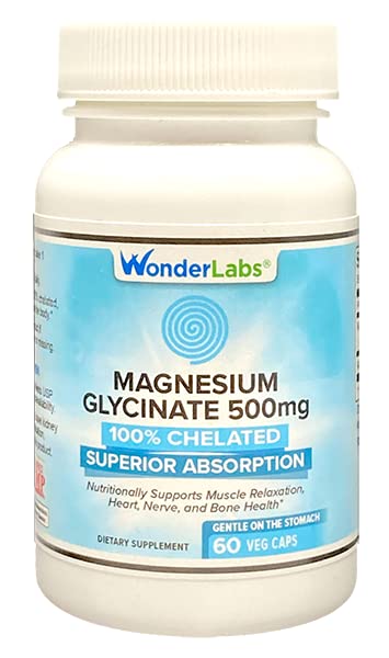 Wonder Laboratories Magnesium Glycinate 500mg, 100% Chelated for Superior Absorption, Non-GMO, NO Gluten Dairy & Soy, Supports Muscle, Joint, and Heart Health (60)