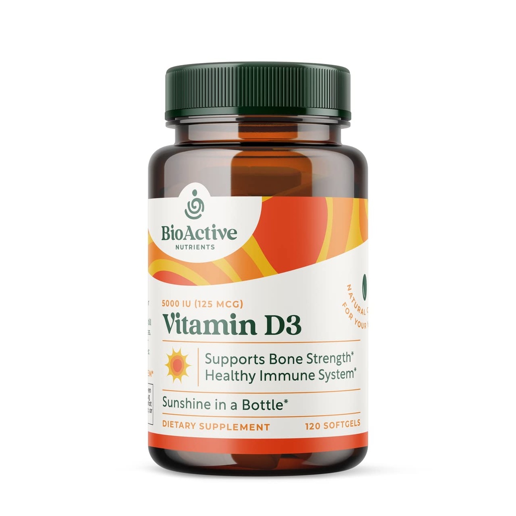 BIOACTIVE NUTRIENTS Vitamin D3 5000 IU Supplements - High Potency Supplement - Pure D-Vitamins from Nature - Heart and Immune Health for Daily Life - Made Gluten-Free and Yeast-Free - 120 Softgels