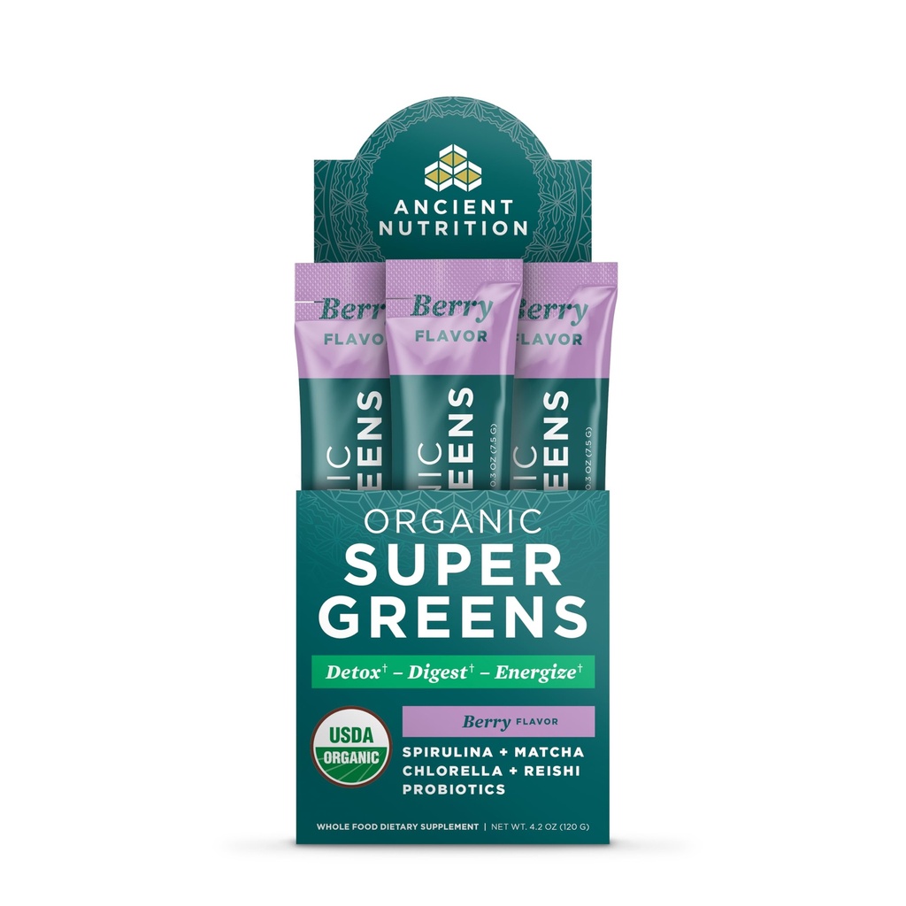 Antike Ernährung SuperGreens Pulver mit Probiotika, Bio Berry Flavor Greens, Herbs und Gemüse, Verdauungs- und Energieunterstützung, 16 Stick Packs, 4.2oz