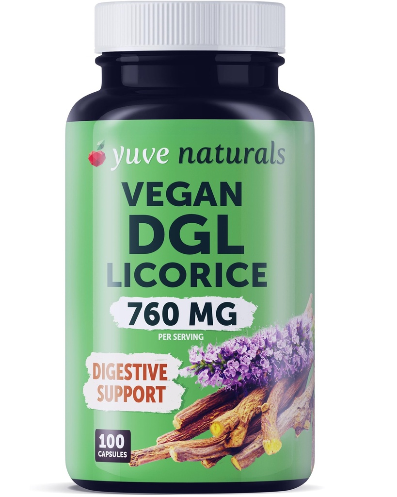 Yuve Vegan DGL Licorice 760mg - Digestive Support Supplement with L-Glycine - Non-GMO, Gluten-Free, Filler-Free Capsules for Heartburn Relief, Gut Health & Stomach Comfort - 100 Count