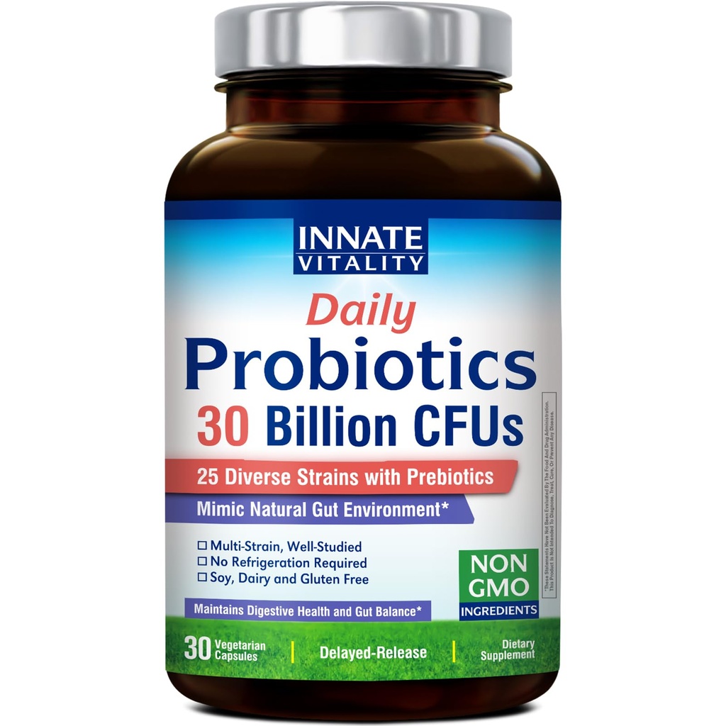 Innate Vitality Daily Probiotics for Women & Men, 30 Billion CFU of 25 Strains, Prebiotics, for Digestive Health Diarrhea Constipation Bloating & Gas Relief, Delayed Release, No Gluten, Vegan, 30 Caps