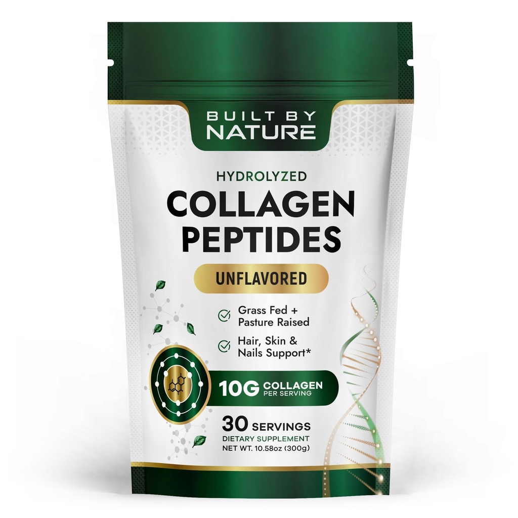 Built by Nature Collagen Peptides Powder - Hydrolyzed Collagen Protein for Women - Grass Fed, Non-GMO - Hair, Skin, Nails Supplement - Unflavored, 10.58 oz, 30 Servings