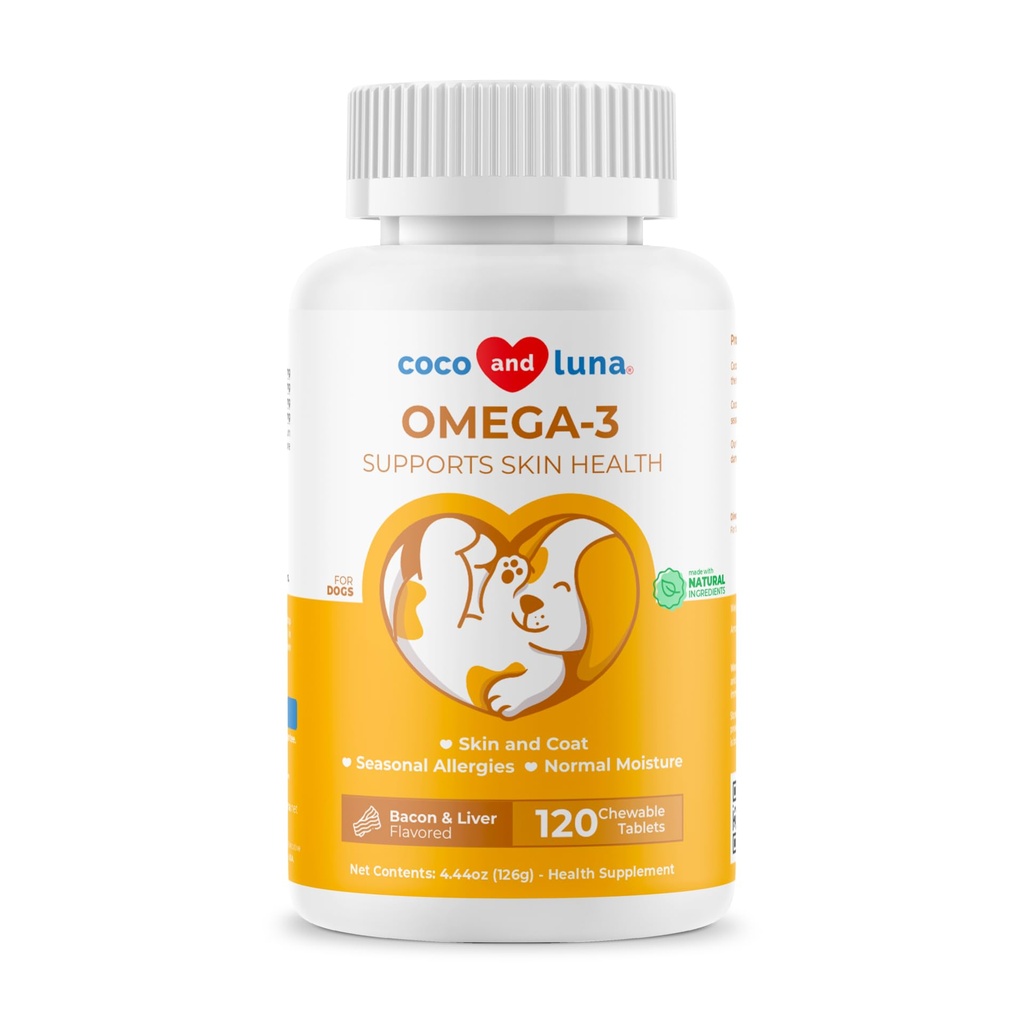 Omega 3 Fischöl für Hunde - 120 Kautabletten - mit Omega 3, 6, und 9, Vitamin E für Hundehedding, juckend, trockene Haut, Gelenk &amp; Herzunterstützung