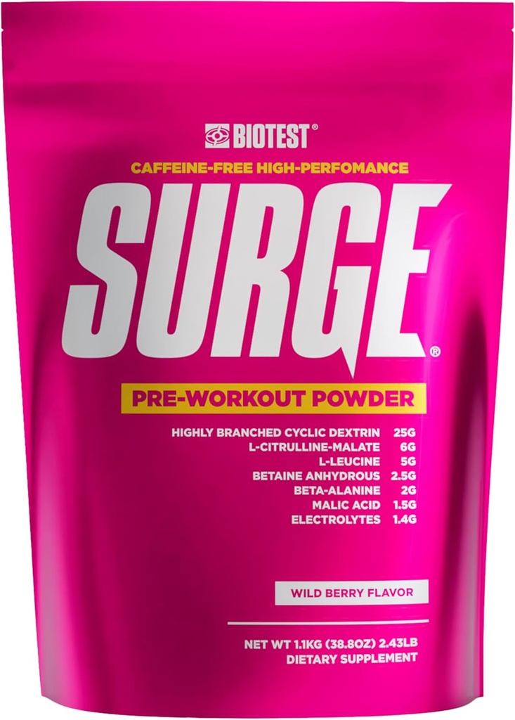 Surge Pre-Workout Powder - 25 g hochverzweigte Cyclische Dextrin, 6,5 g Citrulline Malat, 5 g L-Leucin, 2,5 g Betaine Anhydrous, 2 g Beta-Alanin, 1,4 g Elektrolyt-Gemisch - 1,1 Kg