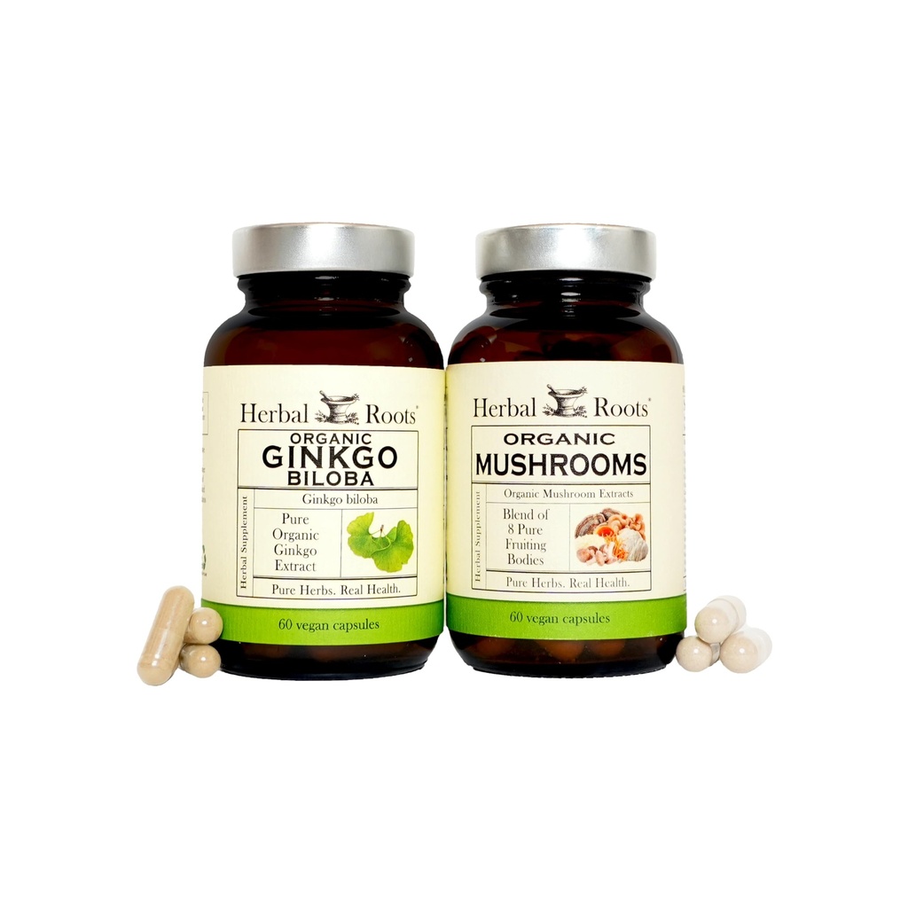 Herbal Roots Brain Health Duo, Organic Mushrooms and Organic Ginkgo Biloba, Powerful Boost for Brain Health, Non-GMO