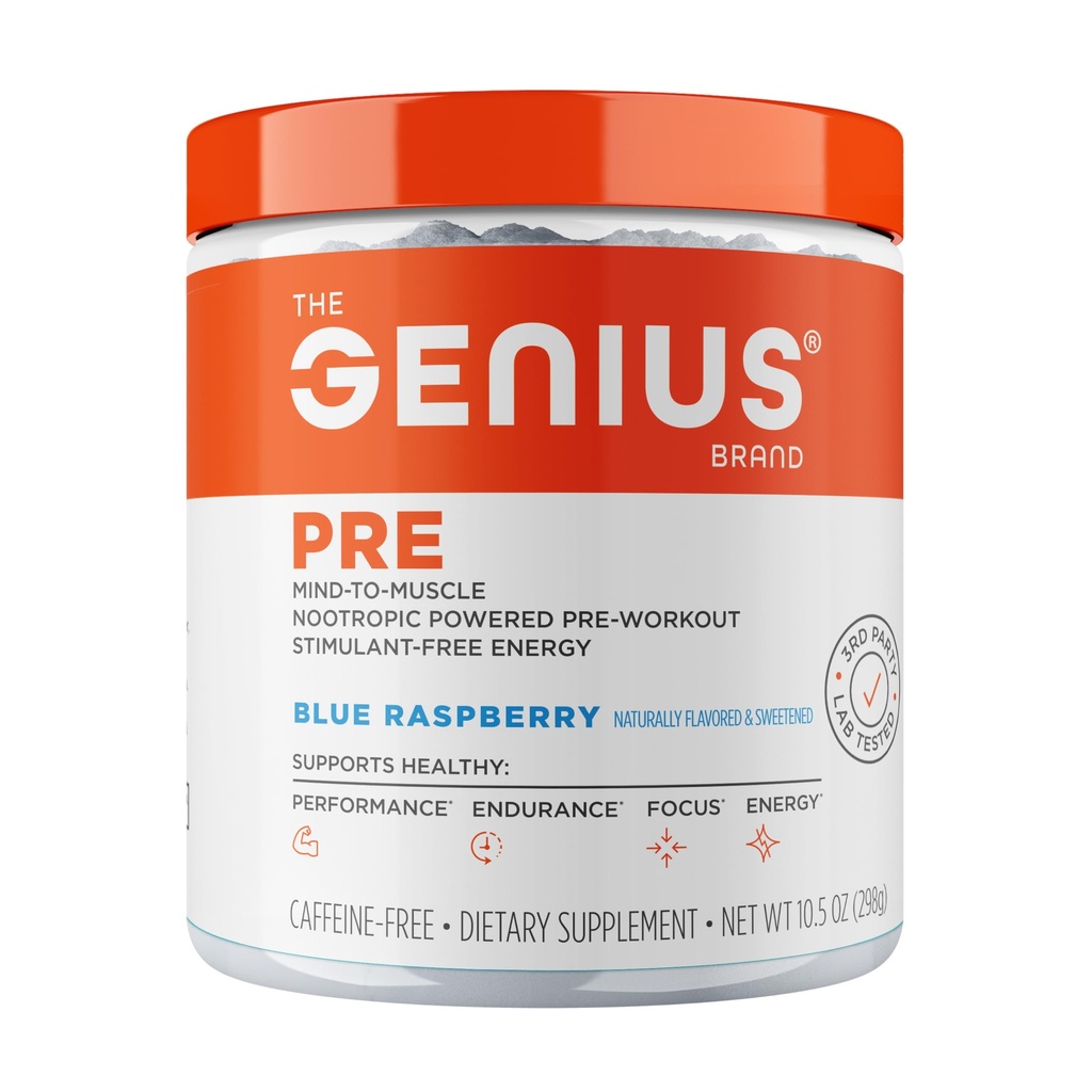 Die Genius Brand Genius Pre - Clean Pre-Workout Pulver für Energie, Fokus & Fitness-Unterstützung - keine künstlichen Aromen, Konservierungsstoffe oder proprietäre Mischungen - Non-GMO - 20 Servierungen - Blaue Himbeere