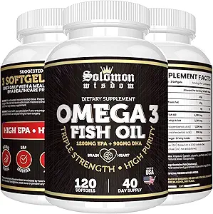SOLOMON WISDOM Omega 3 Fischöl - Nahrungsergänzungsmittel für gesundes Herz & Gehirn - 120 Weichgelkapseln mit hohem EPA 1200mg & DHA 900mg - Burpless, Odorless mit natürlichem Zitronengeschmack