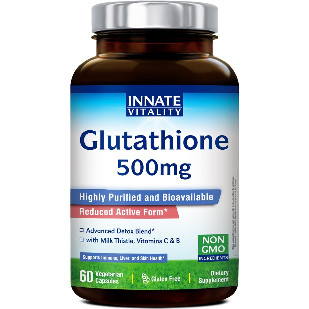 Innate Vitality Glutathione Supplement 500mg, Bioavailable Reduced Glutathione, with Milk Thistle, Vitamin C, B Complex, Immunity Defense, Liver, Antioxidant Support, 60 Capsules