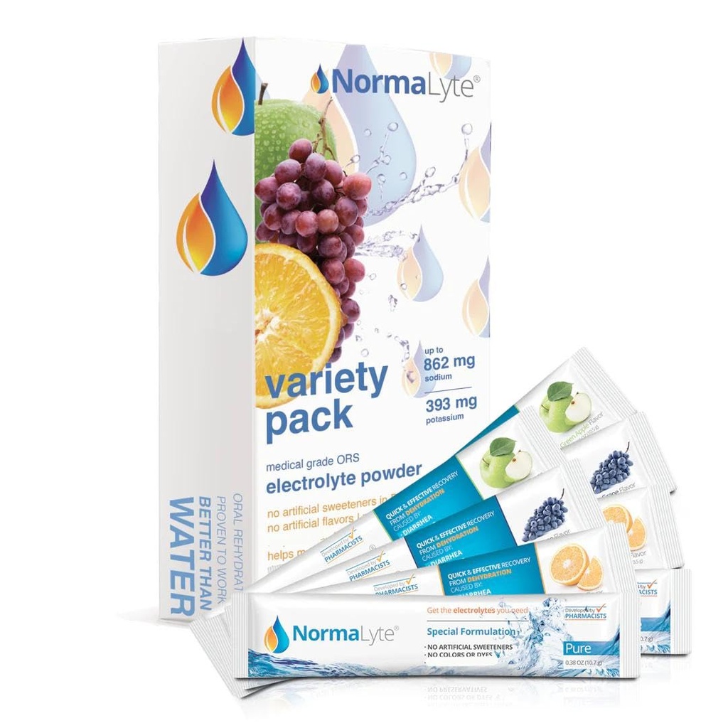 NormaLyte Oral Rehydration Salts Pack of 8-4 Flavors Energy Supplement, Electrolytes Powder Packets, Potassium Supplement, Vegan, Dehydration Tablets