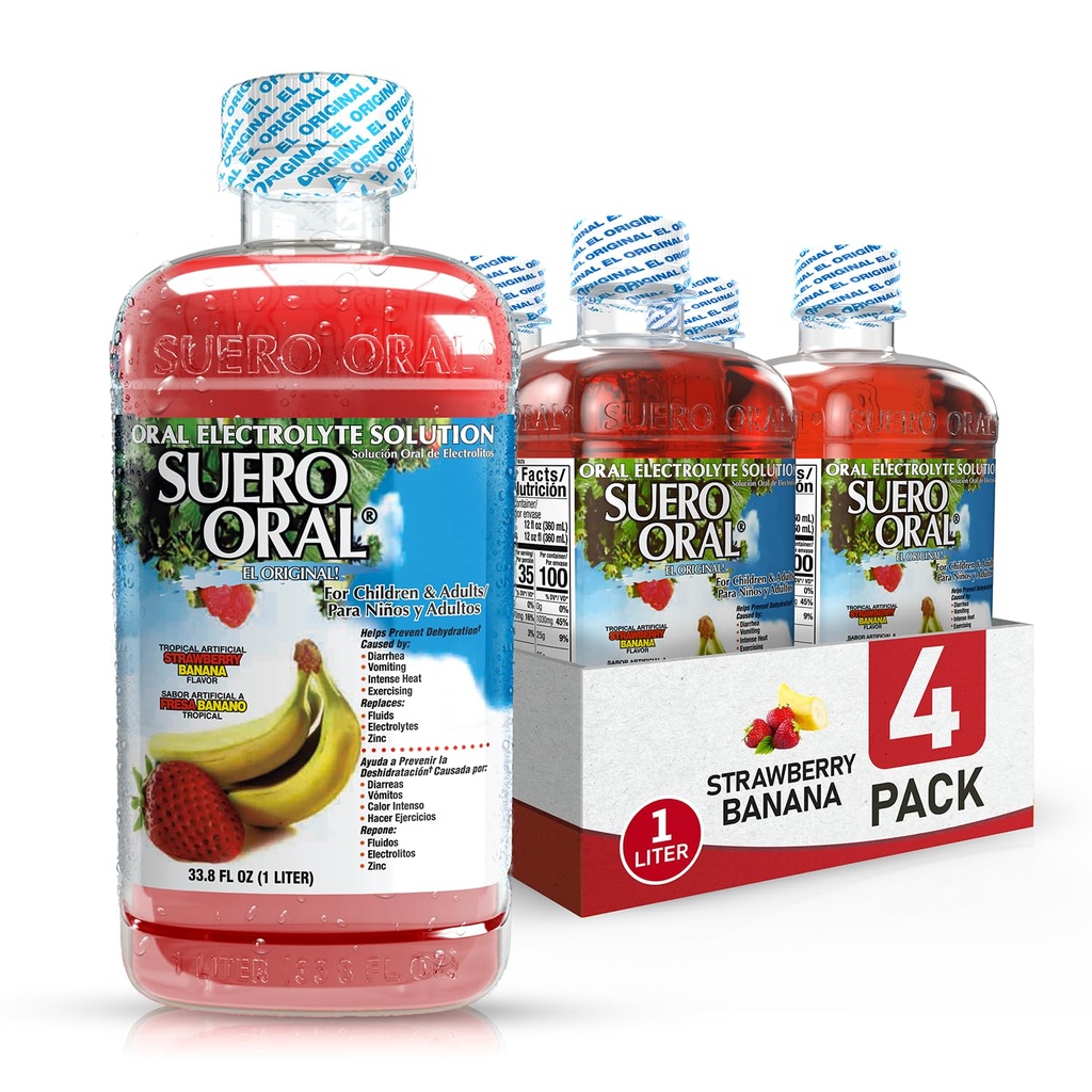 Electrolyte Solution - Electrolytes Drink, Hydration Booster & Rehydration Drink for Kids & Adults, Hydrates, Replenishes, Energizes, Strawberry Banana Flavor, 1 Liter (4 Pack)
