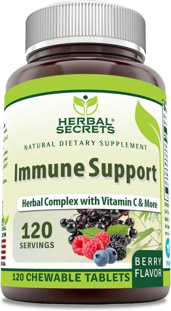 Herbal Secrets Immununterstützung mit Vitamin C & Elderberry | Berry Flavor Chewable Tablets | 120 Count | Non-GMO | Glute-Free | Made in USA