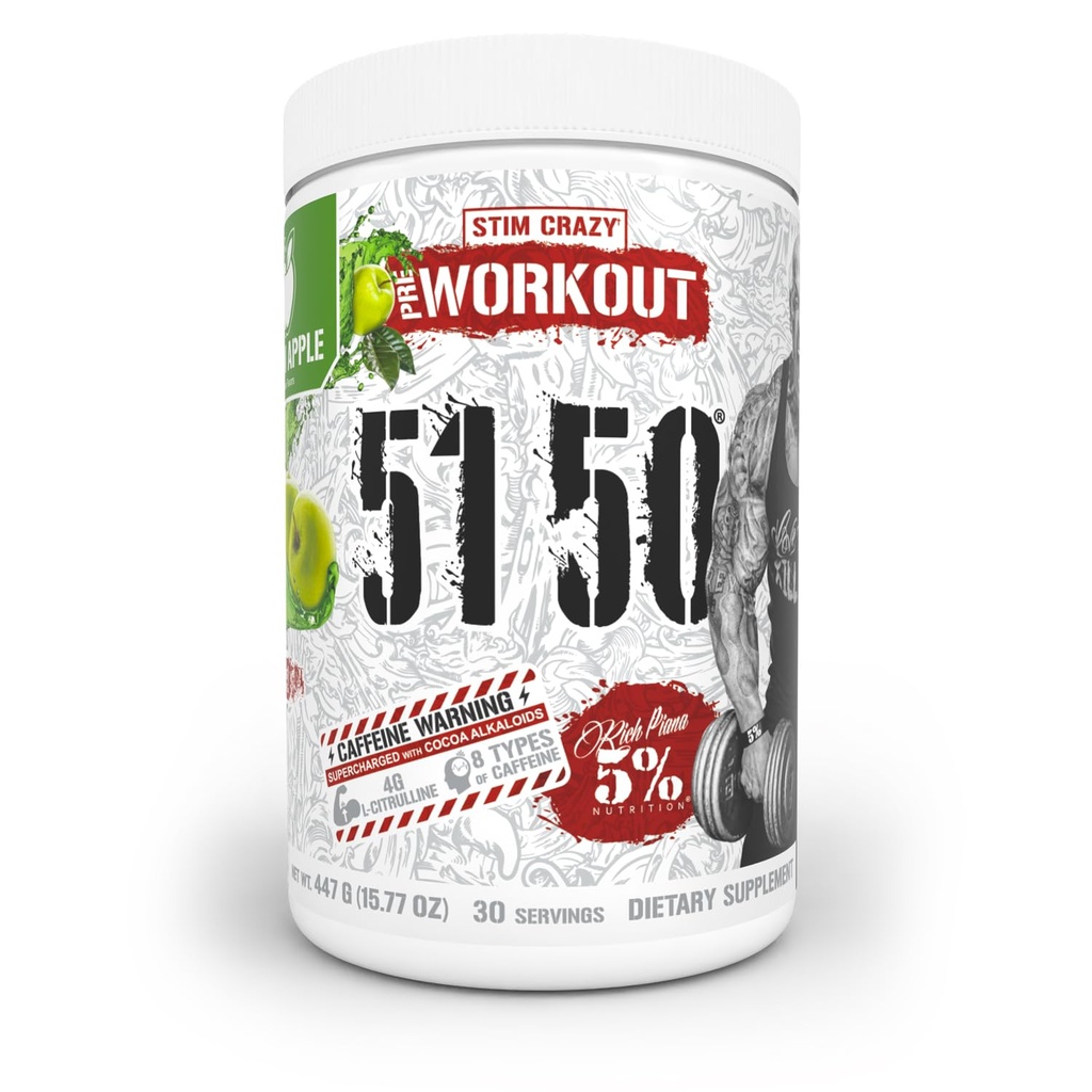5% Nutrition Rich Piana 5150 High Stim Pre-Workout Powder | Extreme Energy, Focus, Pumps & Endurance | 400 mg Caffeine, Citrulline, Beta Alanine, N-Acetyl L-Tyrosine | 30 Srvgs (Green Apple)