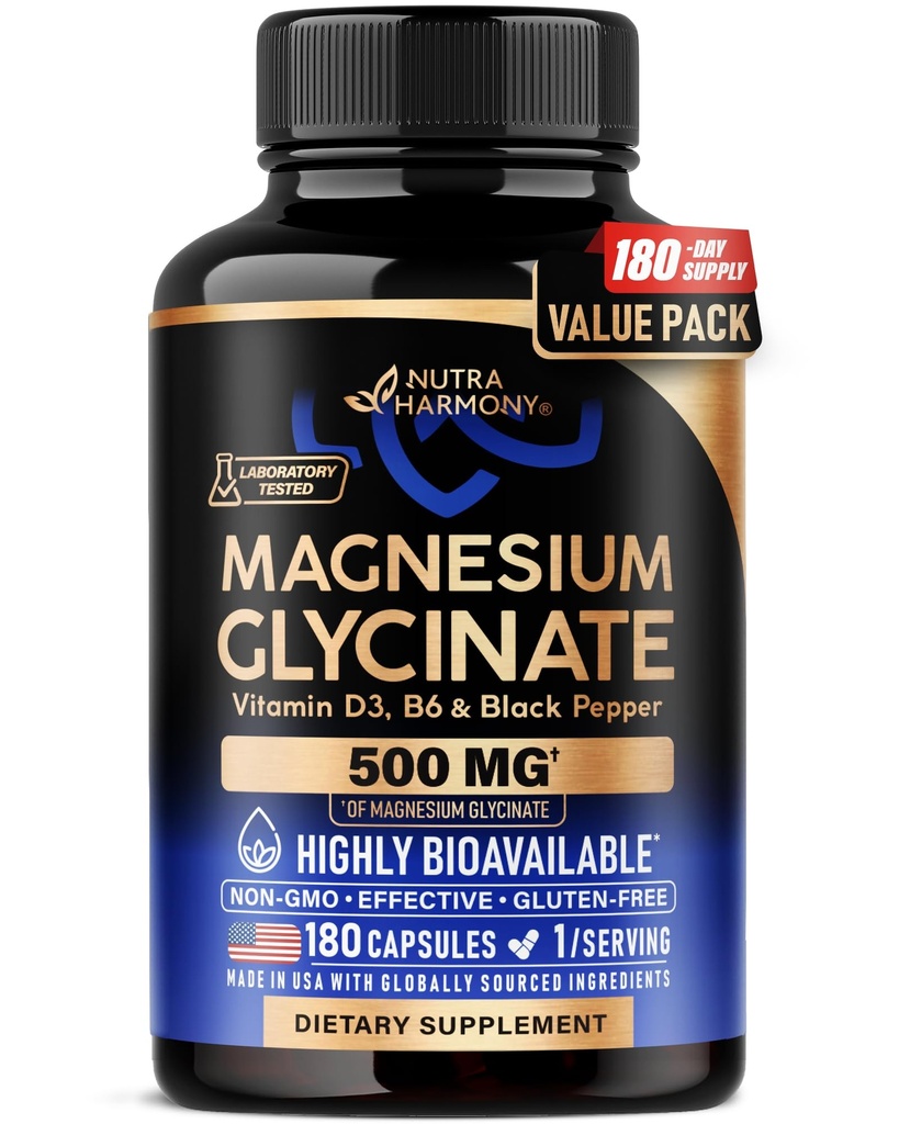 Magnesium Glycinate 500 mg - Chelated Supplement - High Absorption Form of Magnesium - Support for Sleep, Muscle & Heart Health - for Women & Men - Lab Tested & Non-GMO - 180 Capsules