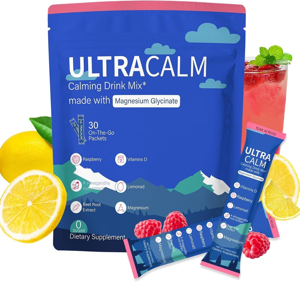 UltraCalm Super Calm Cortisol Drink, Magnesium Glycinate Powder with Ashwagandha L-Theanine Vitamin D3, Calm Magnesium Powder for Stress Relief Sleep Support, Raspberry Lemonade (30 Servings)