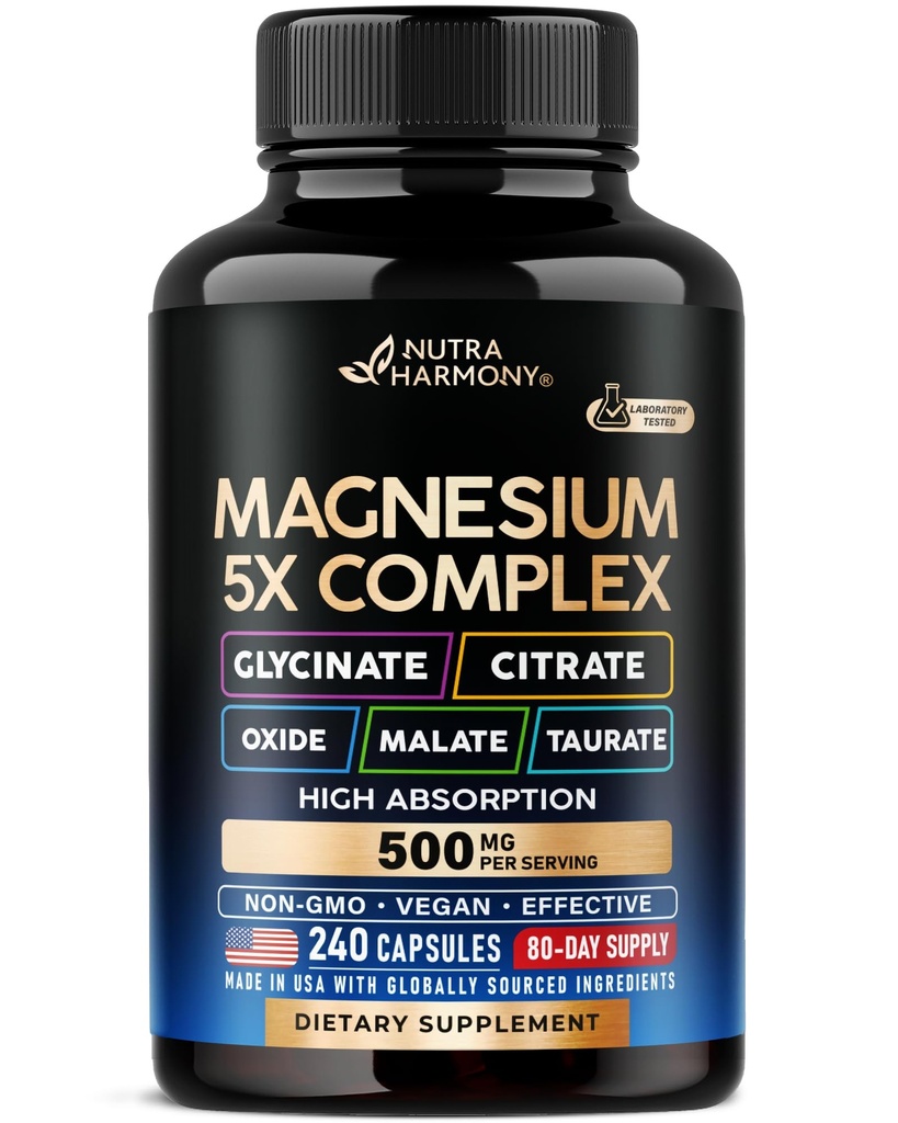 Magnesium Supplement - 5 in 1 Complex | Glycinate | Citrate | Malate | Taurate | Oxide - for Women & Men - Stress, Muscle & Heart Support - Lab Tested - Vegan, Natural, Non-GMO - 240 Capsules