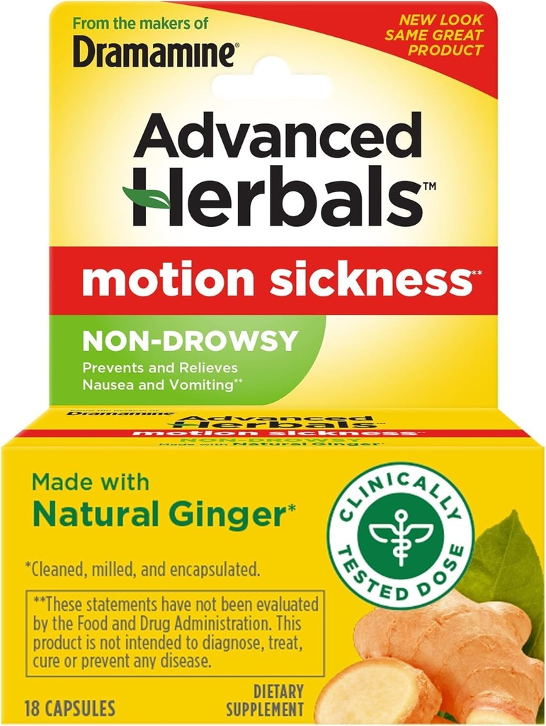 Dramamine Advanced Herbals Non-Drowsy Motion Sickness Relief Caplets, 18 Count (Pack of 5)