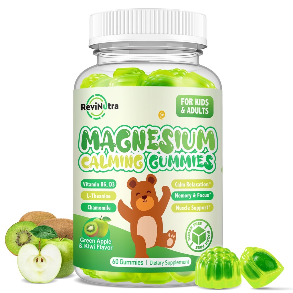 Magnesium Gummies for Kids - Magnesium Glycinate Gummies with L-Theanine, Vitamin B6, D3 for Kids & Adults Sleep, Calm, Relaxation, Brain, Bones, Muscle Relief, Sugar Free Green Apple & Kiwi 60ct