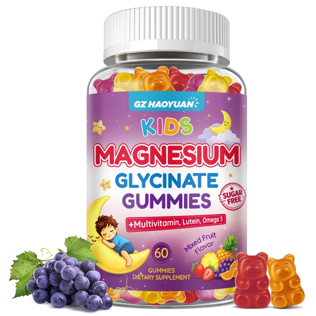 Magnesium Glycinate Gummies for Kids 4+, Sugar Free Mixed Fruit Flavor, Magnesium Supplement with Multivitamin, Lutein, L-Theanine, Supports Sleep, Stress Relief, Muscle Health, Eye, Calm Mood, 60Cts