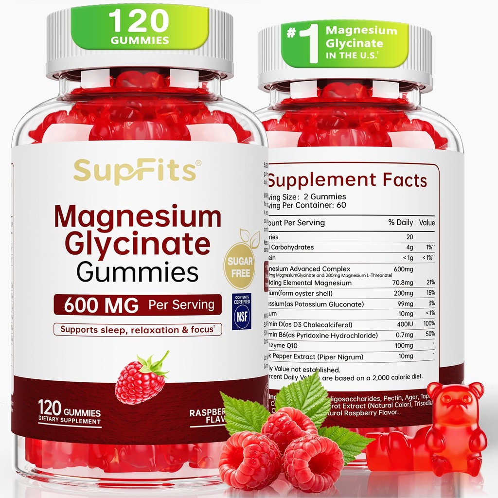 Magnesium Glycinate Gummies 600mg - Sleep Support & Relaxation, High Absorption Magnesium Supplement for Women, Men and Kids, Sugar Free, Vegan - Raspberry Flavor, 120 Count