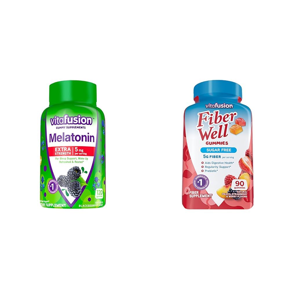 Vitafusion extra Stärke Melatonin Gummy Vitamine, 5mg, 120 ct Gummis & Fiber Well Sugar Free Fiber Supplement, Peach, Erdbeere und BlackBerry Flavored Supplements, 90 Count