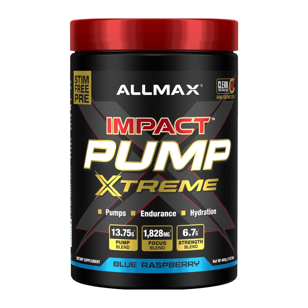 ALLMAX Impact Pump Xtreme, Blue Raspberry - 465 g - Stim-Free Pre-Workout Formula - Supports Pumps, Endurance & Hydration - Up to 30 Servings