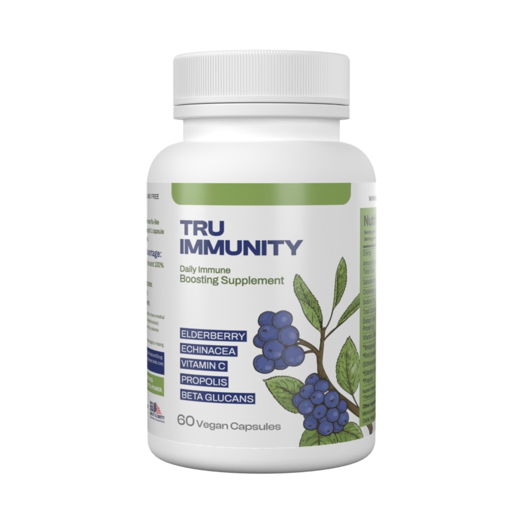 Tru Immunität Boost, Immununterstützungsergänzung, Immun Booster Vitamine für Erwachsene mit Elderberry, Echinacea, Vitamin C, Propolis und Beta Glucans, 60 Vegan Kapseln