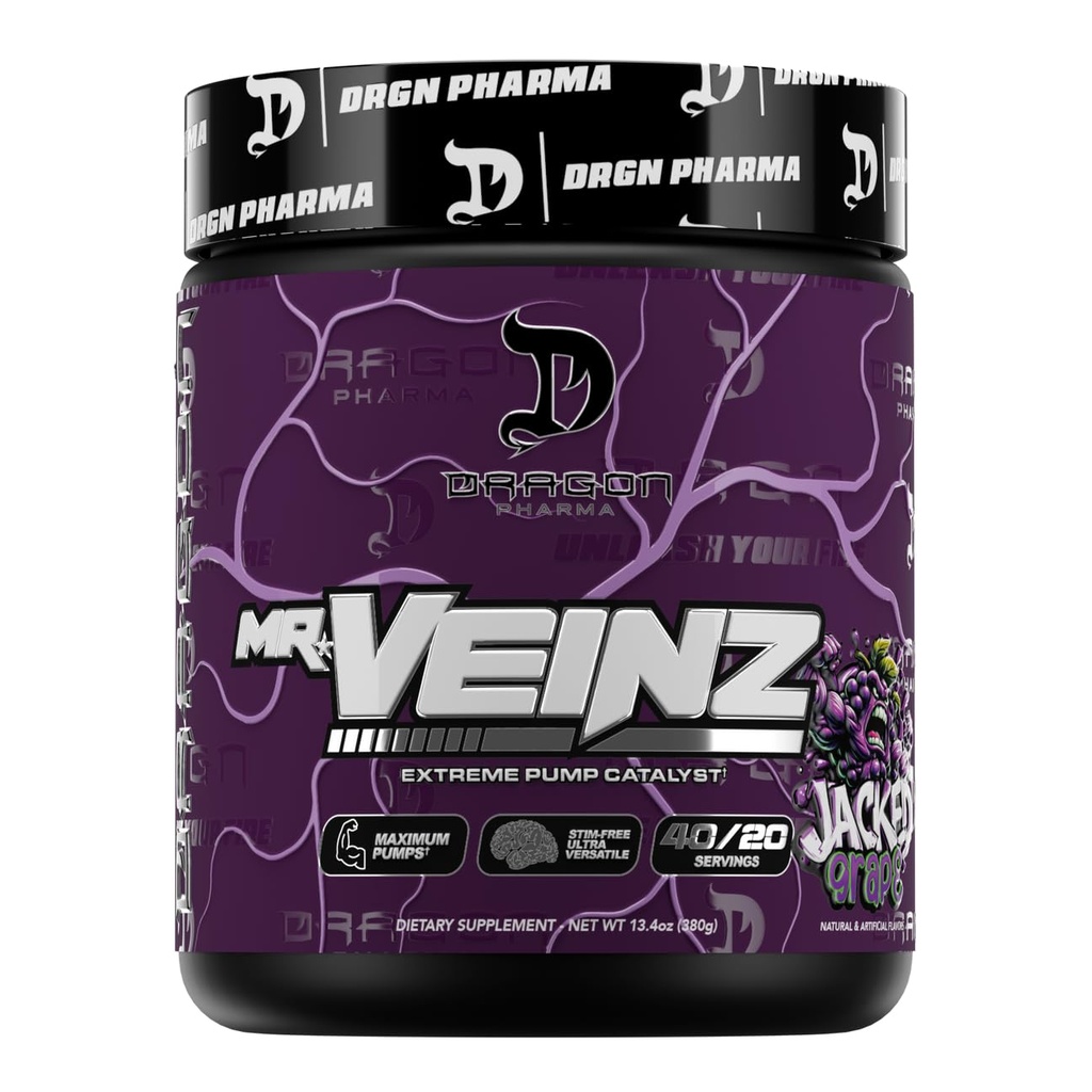 DRAGON PHARMA Mr. Veinz Stim Free Pre-Workout, Extreme Pump & Nootropic Catalyst, Maximize Pumps via Vasodilation & Cell Volumization, Stimulant-Free Formula for Focus (40 Servings, Jacked Grape)