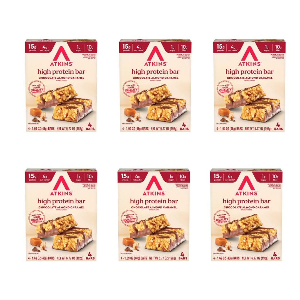 Atkins Chocolate Almond Caramel High Protein Bars, Keto Snacks, 15g Protein, 3g Net Carbs, 1g Sugar, Gluten Free Protein Bars, High Fiber Snacks, Low Sugar, 4 Count (Pack of 6)