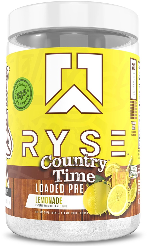 RYSE Loaded Pre Workout Powder - Country Time Lemonade - Daily Pre-Workout für Männer und Frauen mit 325mg Koffein, Beta Alanine und Citrulline für Pumpe, Fokus und Energie - 30 Servietten