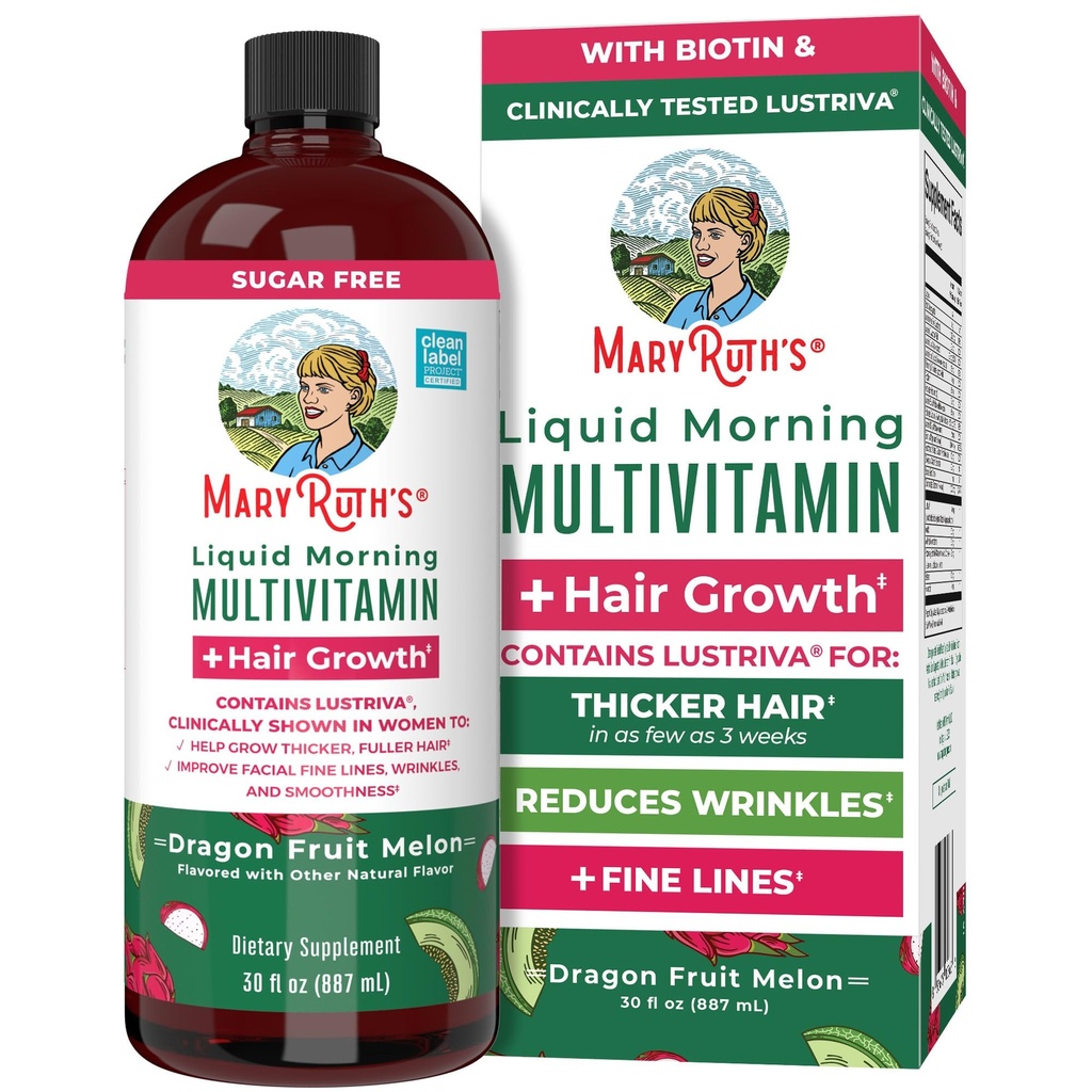 MARYRUTH'S Liquid Multivitamin + Hair Growth | Clinically Tested in Women for Thicker Hair & Facial Wrinkles | Biotin 10000mcg | Lustriva Hair Growth Supplements | Skin Care | Ages 18+ | 30 Fl Oz