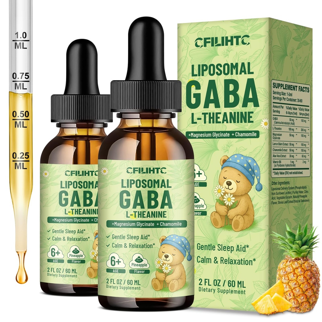 2 Pack Liposomal GABA L-Theanine Drops for Kids - Liquid GABA Supplement with Magnesium, Chamomile, Lemon Balm & Vitamin B6 - Support Relaxation, Focus & Stress Relief for Kids & Adults - Pineapple