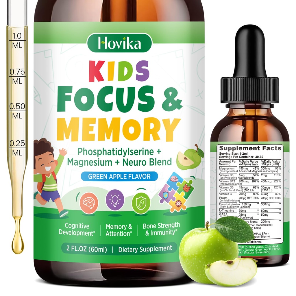 Kids Focus and Attention Supplements with Phosphatidylserine, L-Theanine, Omega-3 & Magnesium Glycinate - Kids Brain Vitamins Liquid Drops - Supports Concentration, Memory, Sleep & Mood, Green Apple