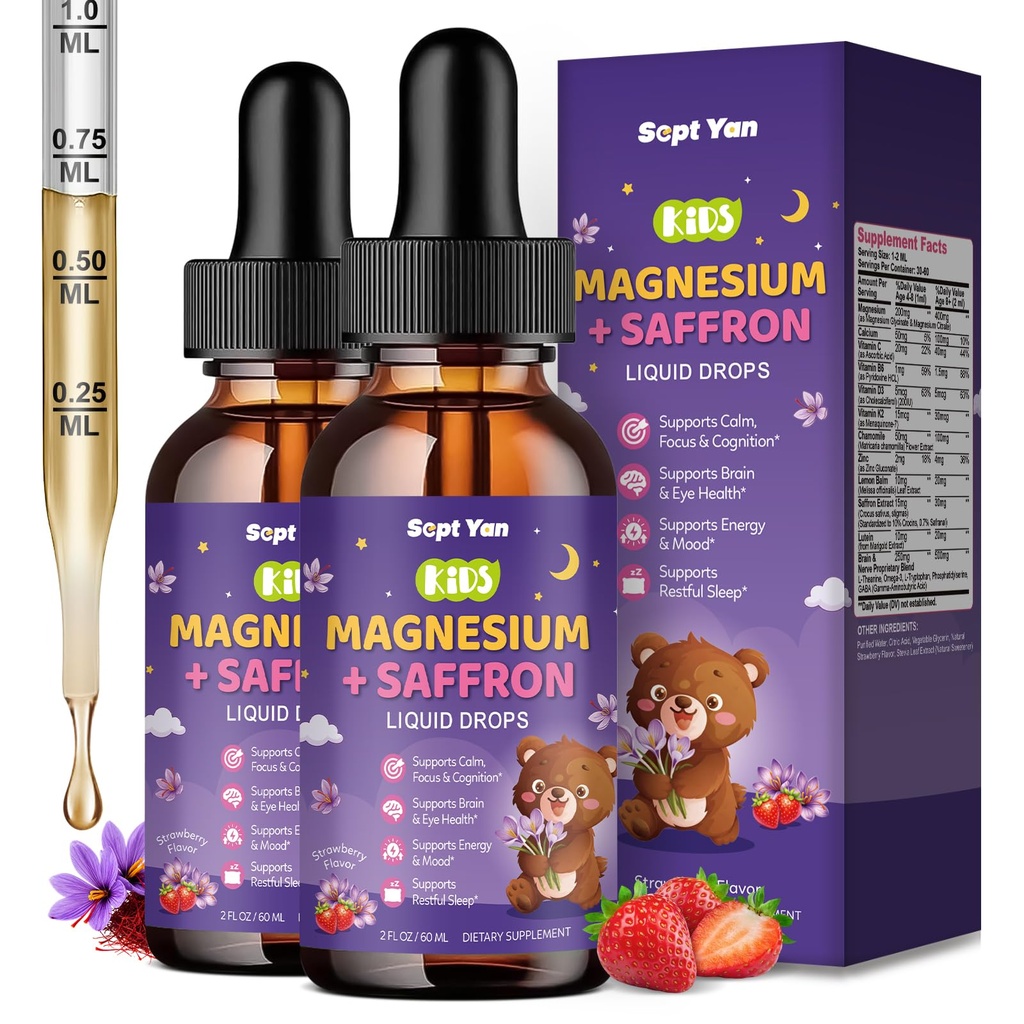 Magnesium Saffron Liquid Drops for Kids, Magnesium Glycinate Liquid with Saffron, L-Theanine, Vitamin B & C for Nerve, Sleep, Muscle, Calm & Relaxation, Sugar-Free,Strawberry Flavor, 4 Fl Oz