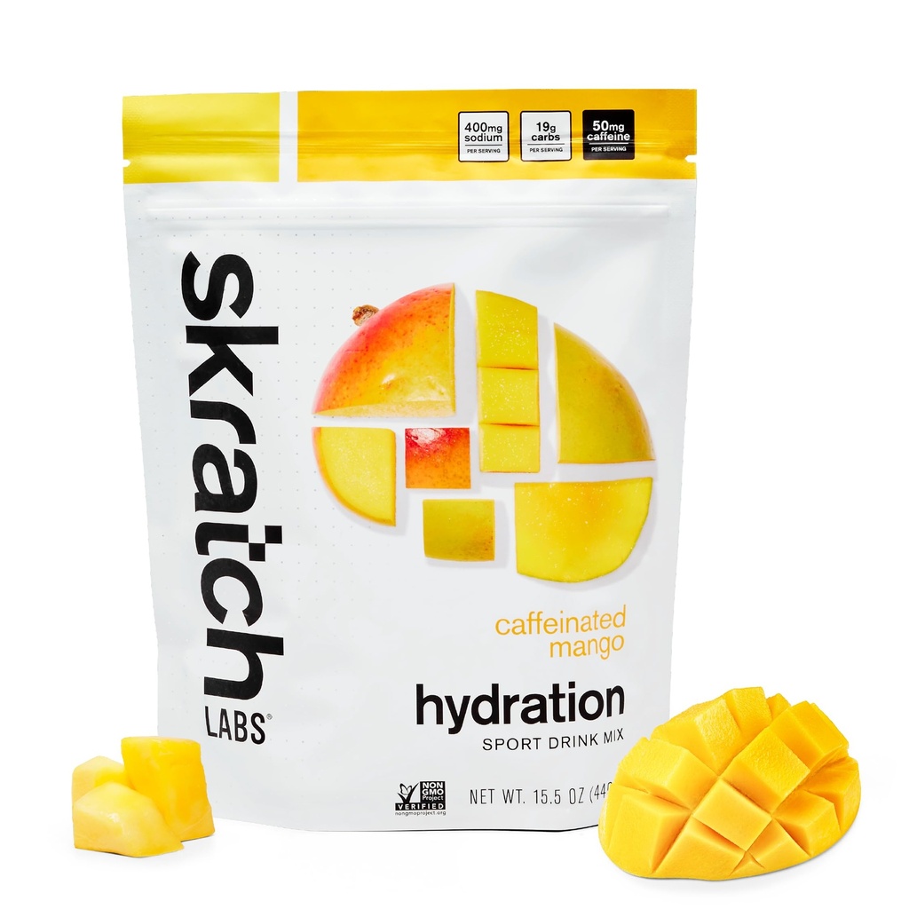 Skratch Labs Hydration Sports Drink Mix with Caffeine – Real‑Fruit Electrolyte Powder for Fast Hydration & Energy | Mango | 20 Servings | Vegan, Non‑GMO, Clean Ingredients