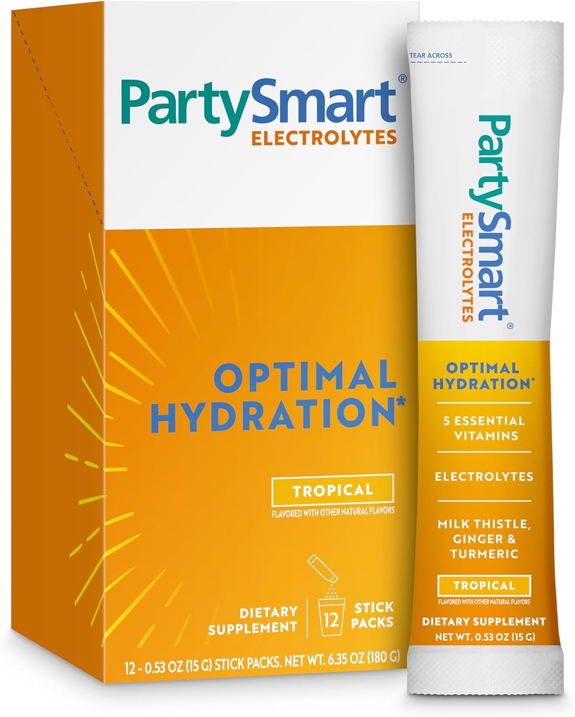Himalaya PartySmart Tropical Electrolytes Pulver-Packets, 12 Zähler, unterstützt Hydration, Rehydrat mit Natrium & Kalium, Vitamin C & Mehr, Antioxidans Recovery Blend Milk Thistle, Ginger & Turmeric