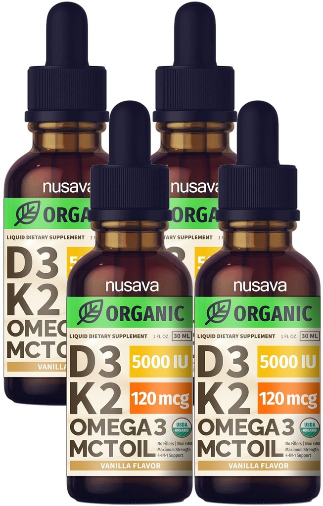 (4 Pack) Bio Vitamin D3 K2 Tropfen mit MCT Öl Omega 3, 5000 IU, maximale Stärke Vitamin D Flüssigkeit - keine Füllstoffe, Non-GMO Flüssigkeit D3 für schnellere Absorption und Immununterstützung (Vanilla, 4 Fl Oz)