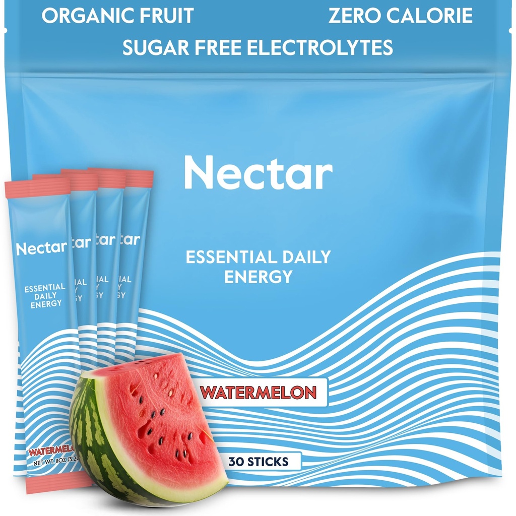 Nectar Energy Booster - Organic Caffeine, B12 & Electrolytes - Sugar Free & Zero Calorie – Healthy Coffee, Energy Drink & Soda Alternative – Hydration & Energy Supplement (Watermelon 30 Packets)