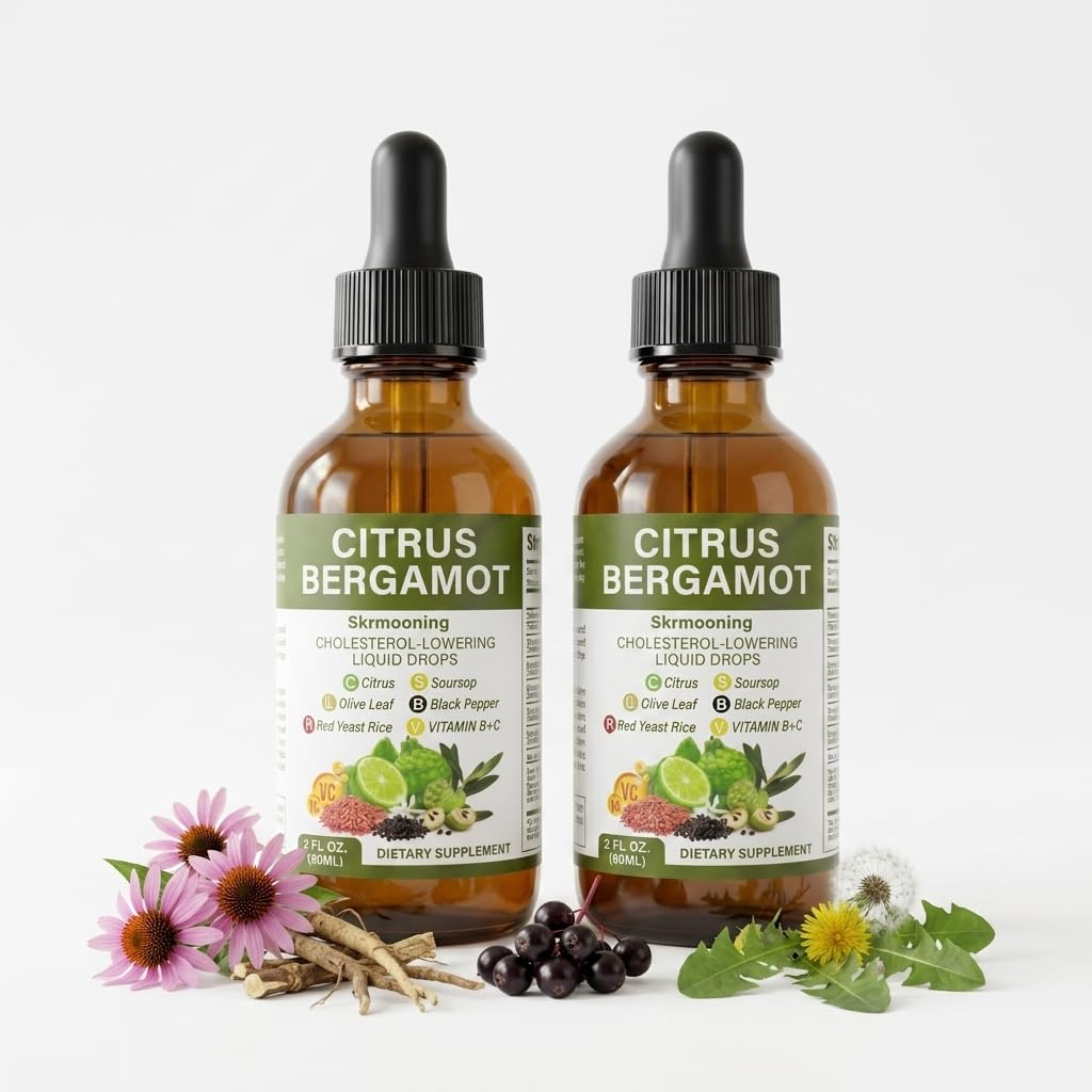 Red Yeast Rice Drops - 2Pcs High Absorption Supports Healthy lipid Levels, Citrus Bergamot & Olive Leaf Blend, All-Natural Non-GMO Vegan Heart Health Antioxidant Liquid Supplement 2fl oz