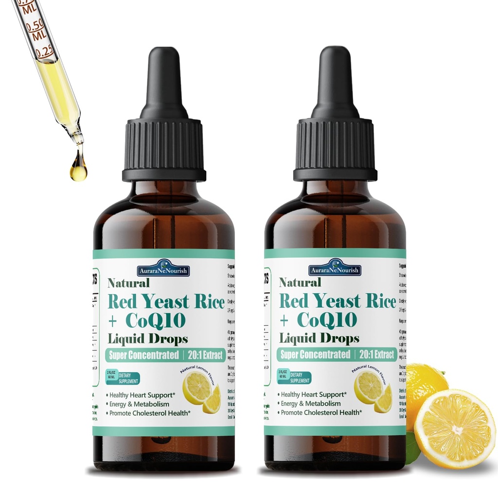 2 Packs Liposomal Red Yeast Rice with Coq10 Liquid Drops, 5-in-1 Extra Strength 1200mg Healthy Cholesterol & Heart Support with Citrus Bergamot Alpha Lipoic Acid, Citrinin-Free, 2 Month Supply