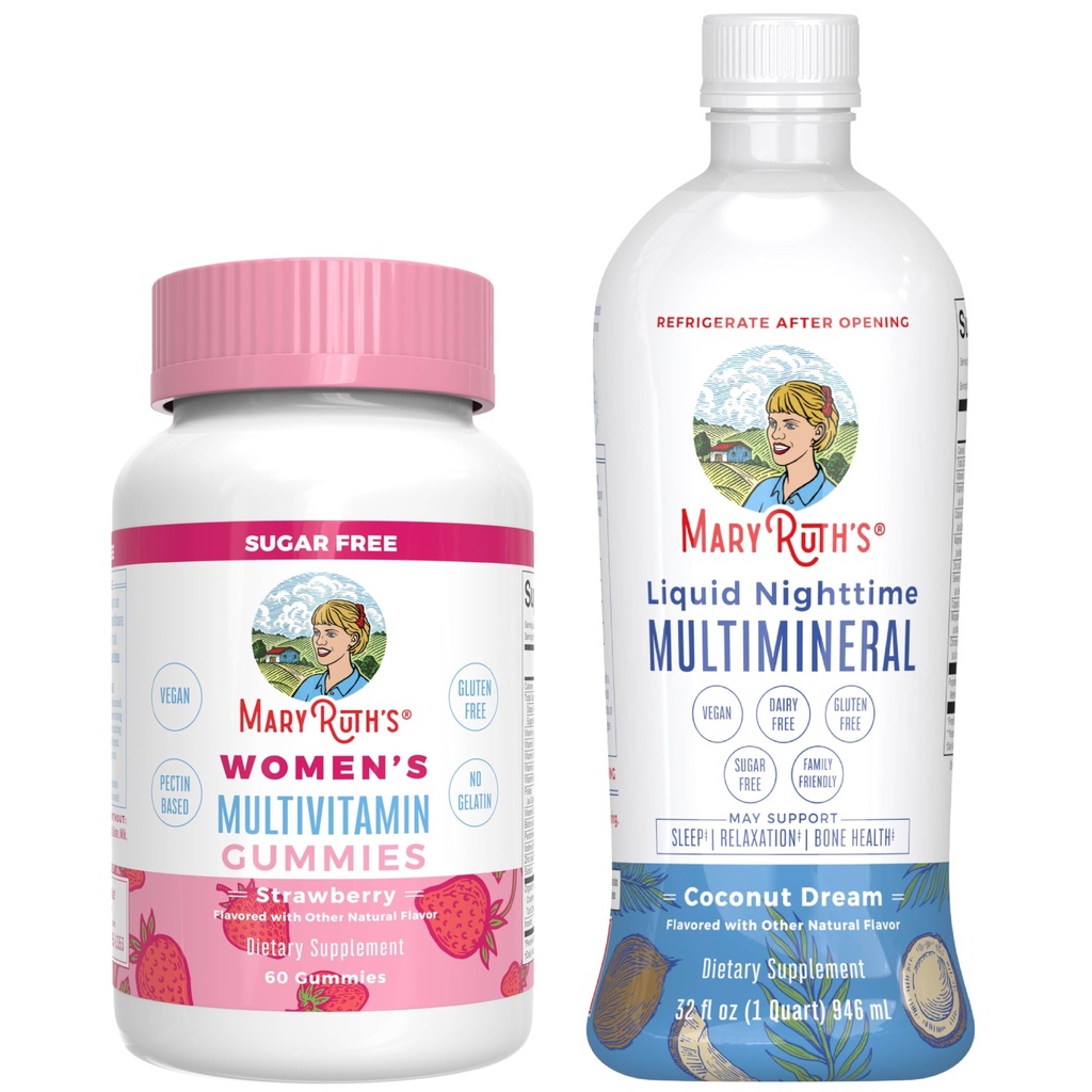 MaryRuth's Multivitamin Gummies for Women (Strawberry) & Liquid Nighttime Multimineral (Coconut, 32oz) | Clean Label Project Verified® | Vegan | Beauty, Bedtime Routine, & Overall Health
