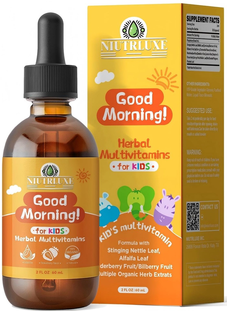 Natural Kids Herbal Morning Drops – Daily Liquid Greens + Antioxidant Superfoods Blend with Elderberry, Spirulina, Goji & Bilberry – Gentle Immune & Energy Boost for Children, Sugar-Free
