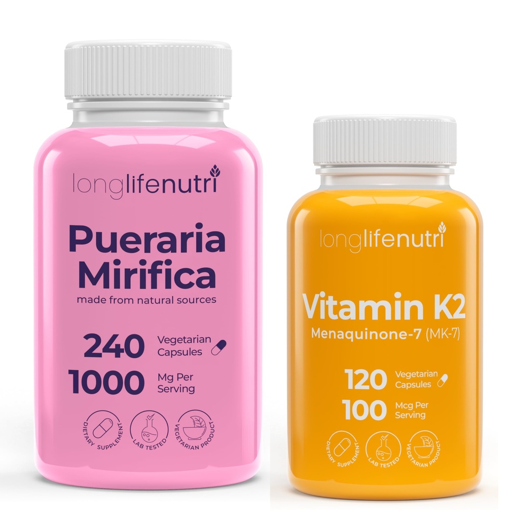 LongLifeNutri Women’s Menopause Wellness Bundle, Pueraria Mirifica 1000 mg + Vitamin K2 MK-7, 2-Bottle Daily Support Set