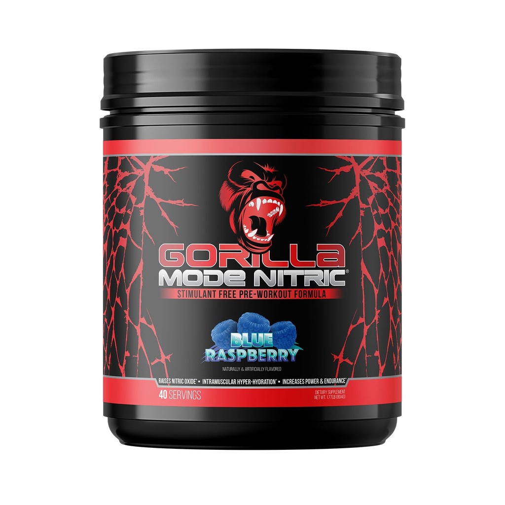 Gorilla Mode Nitric Upgraded Stimulant Free Pre-Workout – Best Tasting and Most Effective Stimulant Free Pre-Workout/Massive Pumps · Vasodilation · Power / 804 Grams (Blue Raspberry)