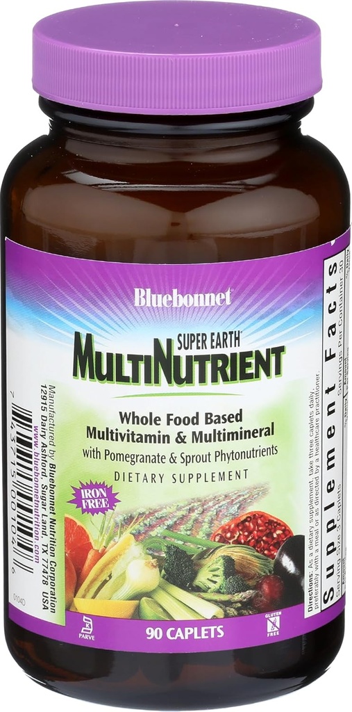 Bluebonnet Nutrition Super Earth* MultiNutrient Formel (Iron Free), für tägliche Ernährungsunterstützung*, Glutenfrei, Kosher Certified, Dairy Free, Vegetarisch Freundlich, 90 Caplets, 30 Servietten