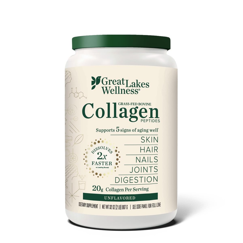 Great Lakes Wellness Collagen Peptides Powder – Supports Skin, Hair, Nails, Joints & Digestion – Hydrolyzed, Quick Dissolve, Non-GMO, Keto & Kosher – Pure Collagen Protein (32 oz, 45 Servings)